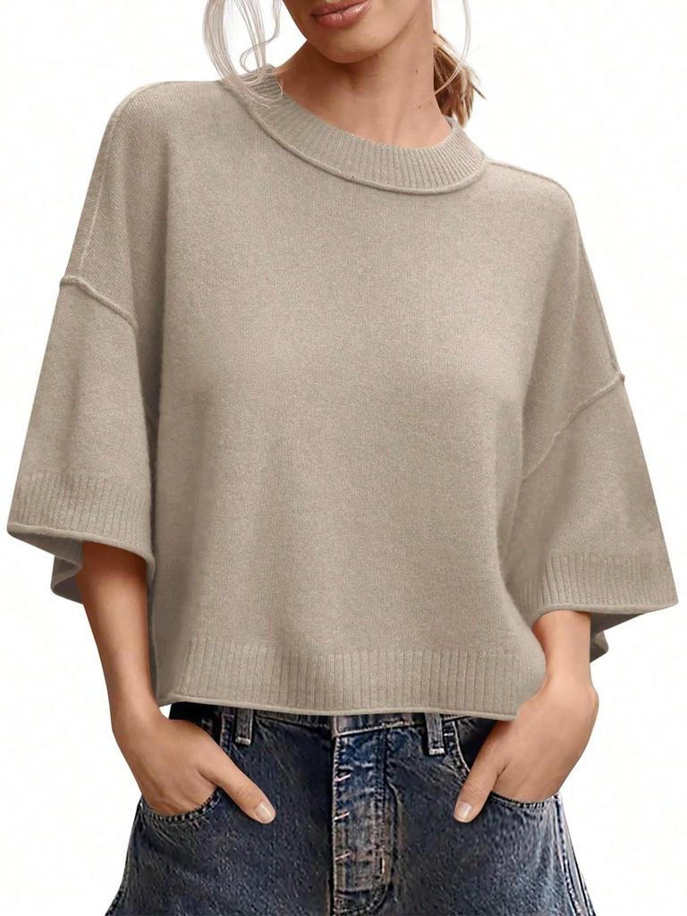 Women's Oversized Cropped Knit Sweater Short Sleeve Crew Neck Lightweight Summer Top