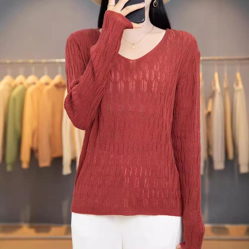 Autumn Thin Women's Fine Imitation V-neck Knitted Sweater Women's Long-sleeved Hollow Bottoming Shirt Women's Batch