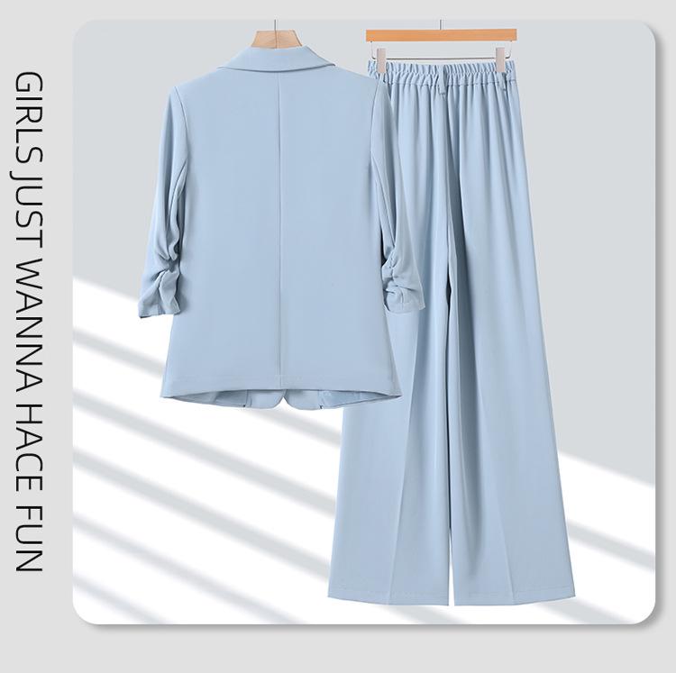 Women's Elegant Wrinkled Seven-Sleeve Blazer Suit with Wide-Leg Pants - Thin Style 2026 Spring/Summer Collection