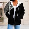 Women Plus Size Zip Up Hoodie Long Sleeve Black White Printed Sweatshirt With Pockets