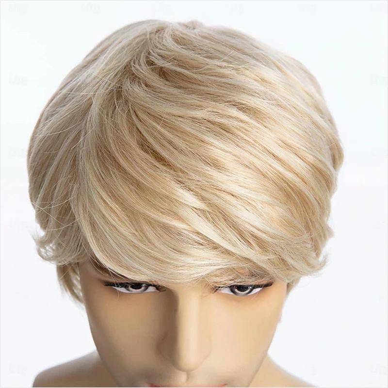 Mens Curly Wig Short Blonde Wig With Bangs Layered Wave Synthetic Hair for Male Cosplay Daily Heat Resistant Fibre Wig