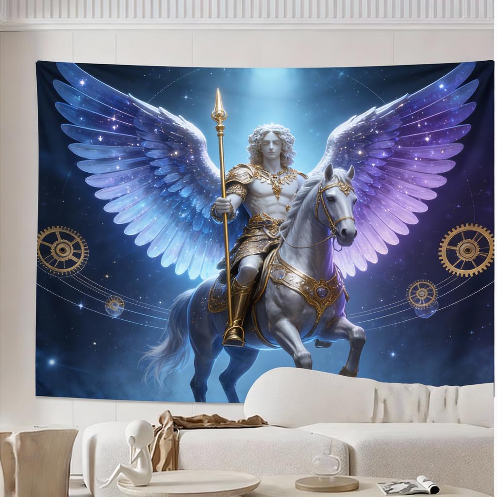 Luxurious Saint Michael Angel Golden  White Tapestry  Intricate Heavenly Design with Radiant Stars HighQuality Polyester Fab