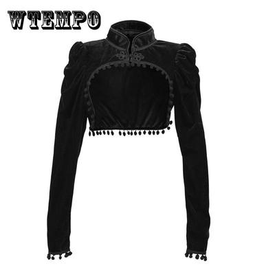 Schwarzer Samt Kurze Steampunk Crop Jacke Ständer Langarm Herbst Damen Gothic Bolero Viktorianischer Mantel Vintage Korsett Zubehör