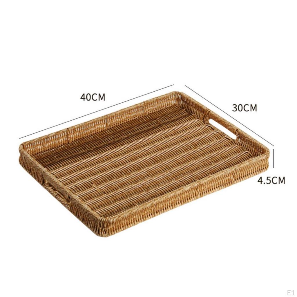 Handwoven Tray Basket Handle Cutouts Wicker Shallow Home Storage Light Coffee L