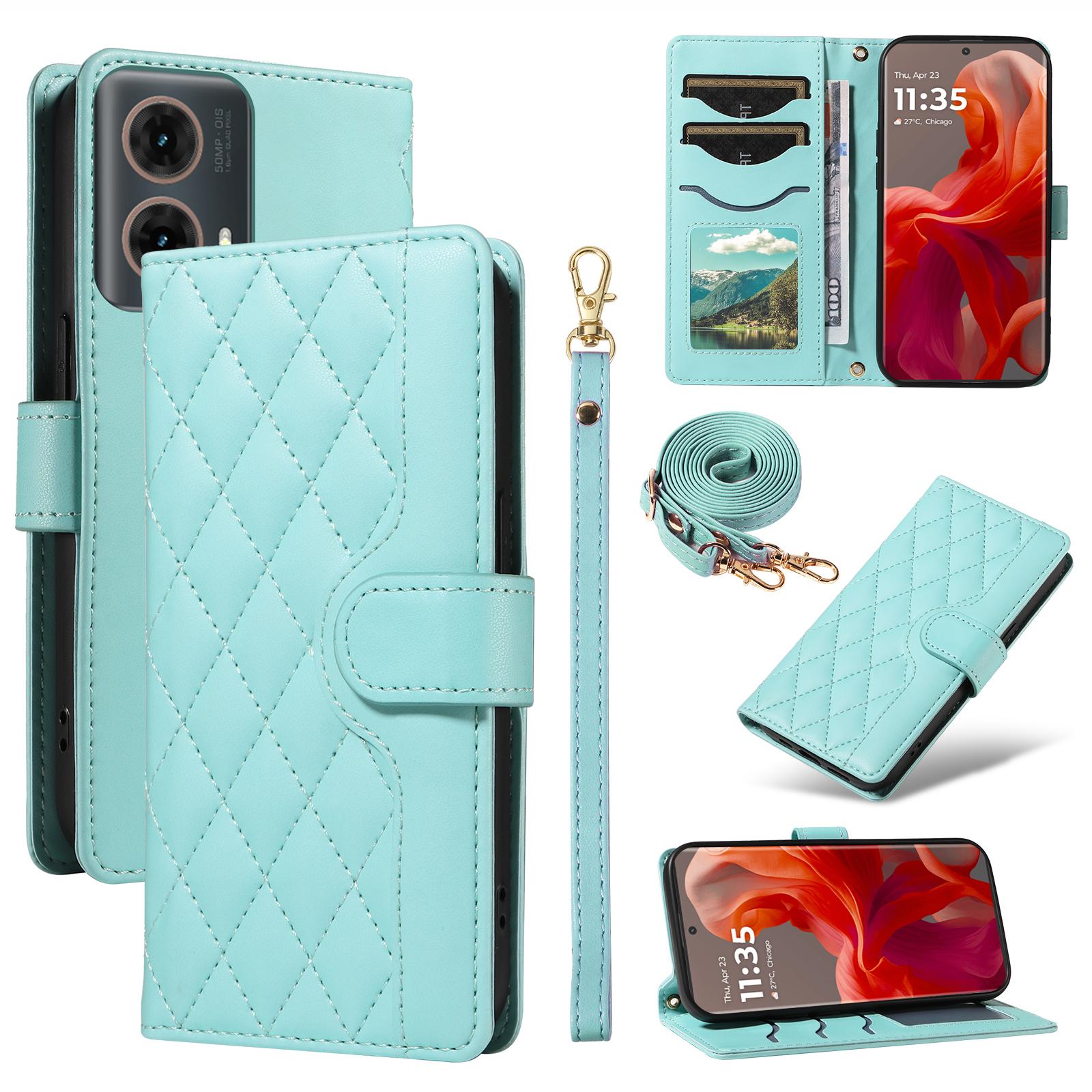 

For Motorola Moto G85 5G/S50 Neo 5G Case Wallet Rhombus Leather Phone Cover with Shoulder Strap,Wrist Strap Green