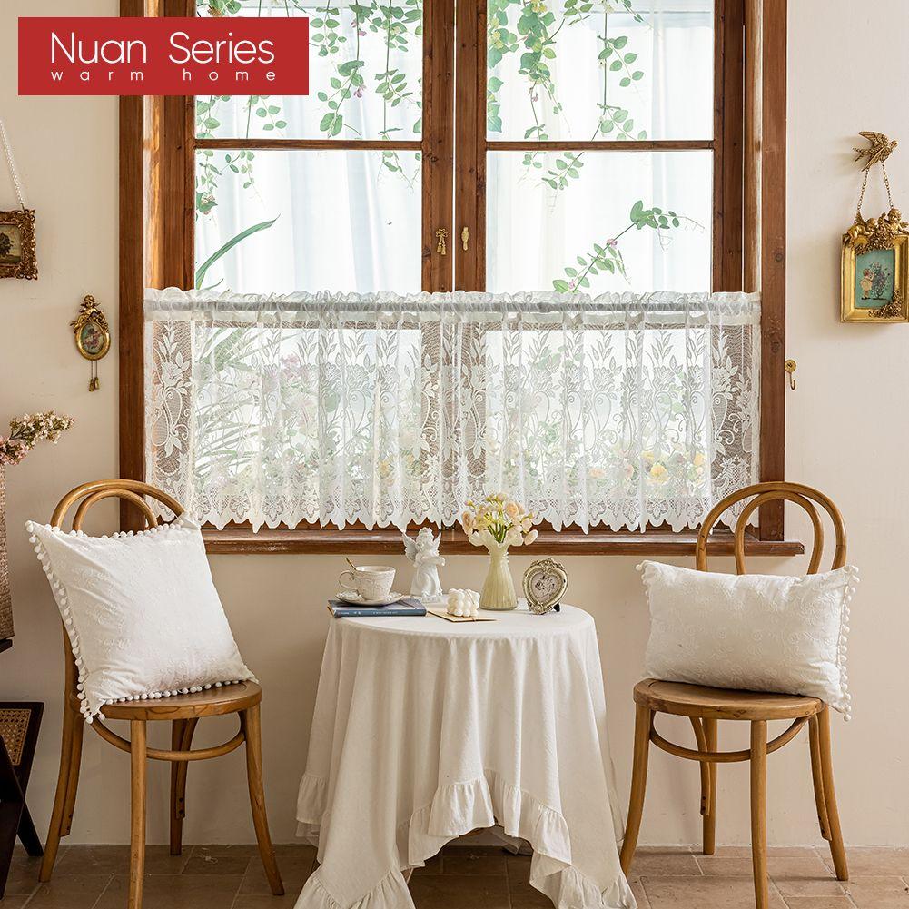 1 Stück Nuan Serie Französischer Retro Spitzen-Kurzvorhang, Rustikaler Stil, Leichter Voile-Vorhang für Wohnzimmer Küchenschrank Fenster Heimdekoration