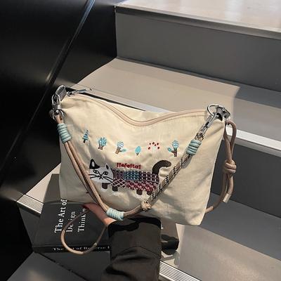 Große Kapazität Frühling und Sommer Katze Stickerei Tasche wasserdicht tragbar Umhängetasche Schultertasche Einkaufstasche Cartoon Nylontasche Damen