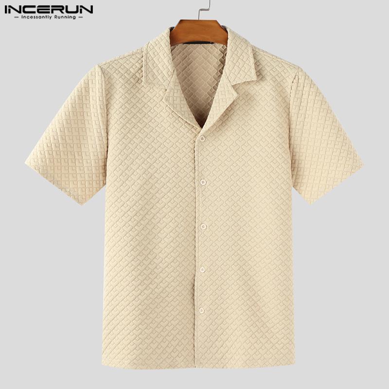 INCERUN Oversized Men Lapel Neck Short Sleeve Texture Buttons Up Casual Shirts