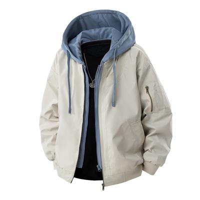 Winter Fashion Fake Two Pieces Jacket Men's Spring and Autumn Loose Trend of Waterproof Outdoor Work Casual Solid Colour Hooded Jacket