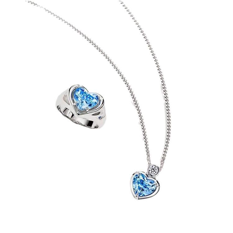 Love Color Treasure Ring 2 Carat Blue Diamond Aquamarine Artificial Diamond Niche Premium Heart Pendant Necklace Female