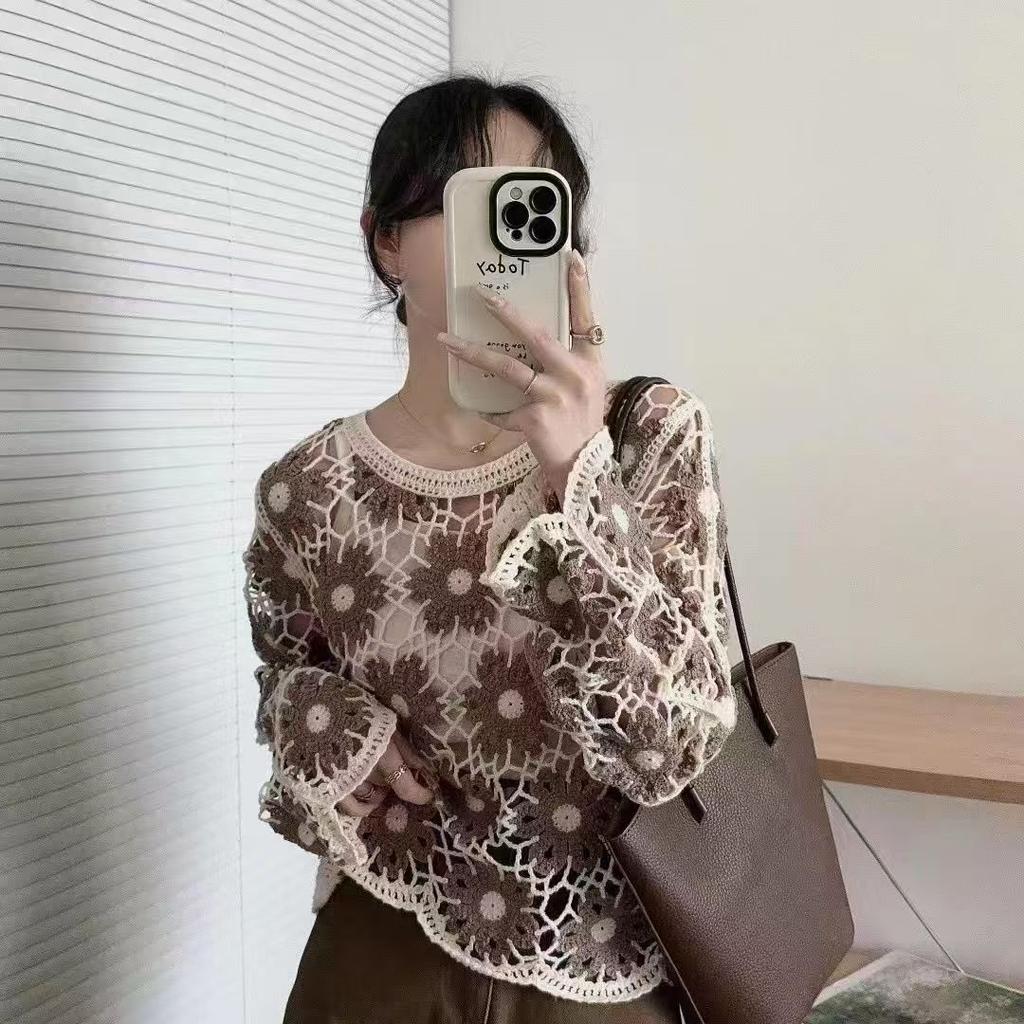 Hollow Out Knitted Shirt for Women Early Autumn New Style Large Size Slim Hollow Top