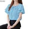 ZANZEA Women Casual Square Collar Ruffles Short Sleeve Loose Blouse