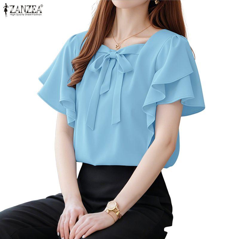 ZANZEA Women Casual Square Collar Ruffles Short Sleeve Loose Blouse