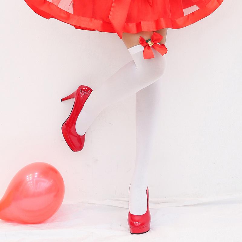 2017 Christmas Bell Thigh High Socks - White Over-the-Knee Festive Costume Socks