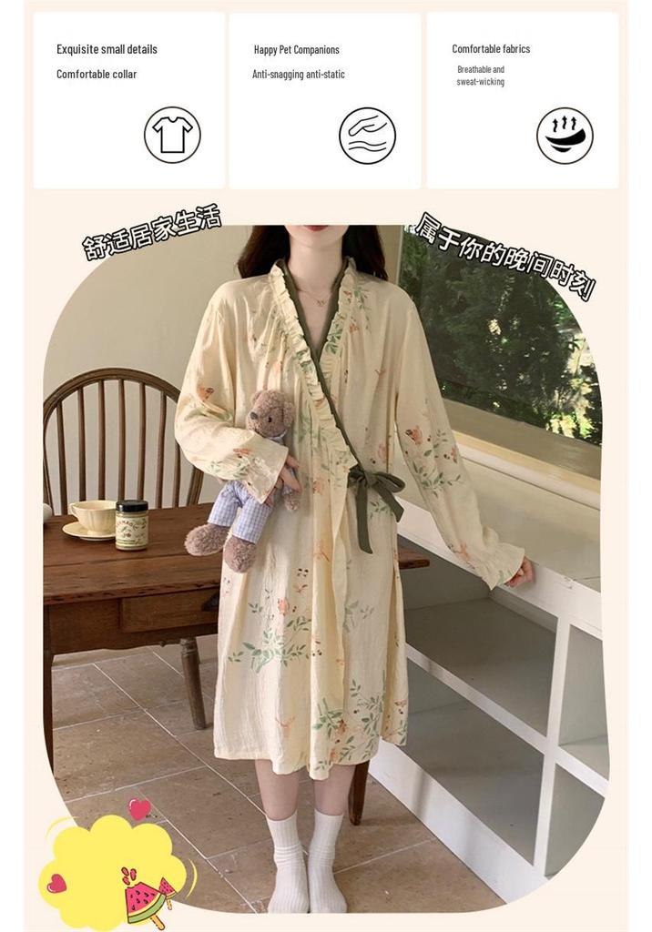 Women's Long Sleeve Kimono Pajama Dress - Sweet Chinese Pastoral Style for Spring & Autumn, Mid-Length, Loose Fit, Outdoor Wear