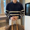 Striped Polo Collar Knitted Sweater For Men's Autumn And Winter Loose Casual Sweater Business Commuting Top