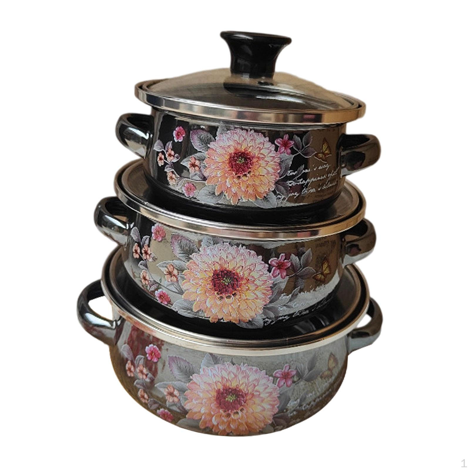 

3 шт. Эмалированные кастрюли для приготовления пищи Легкие цветочные кастрюли с двойными ручками и крышками для домашней кухни