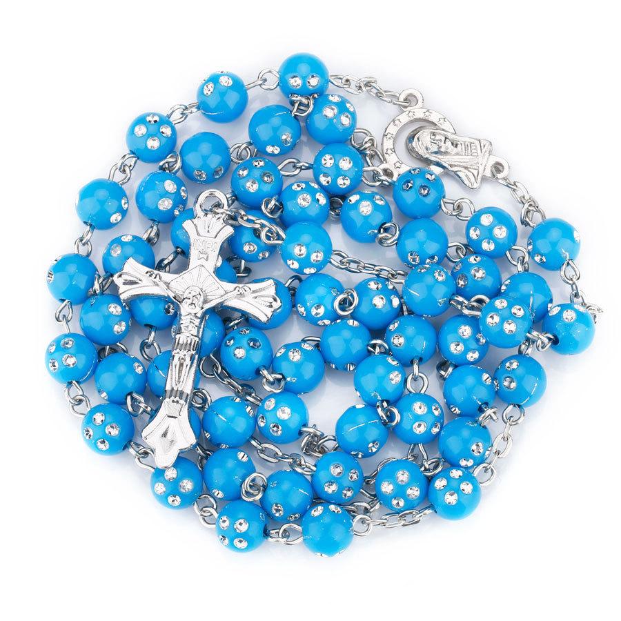Religion Christian Rosary Necklace For Women Virgin Mary Jesus Cross Pendant 8MM Crystal Beads Long Chain Fashion Prayer Jewelry