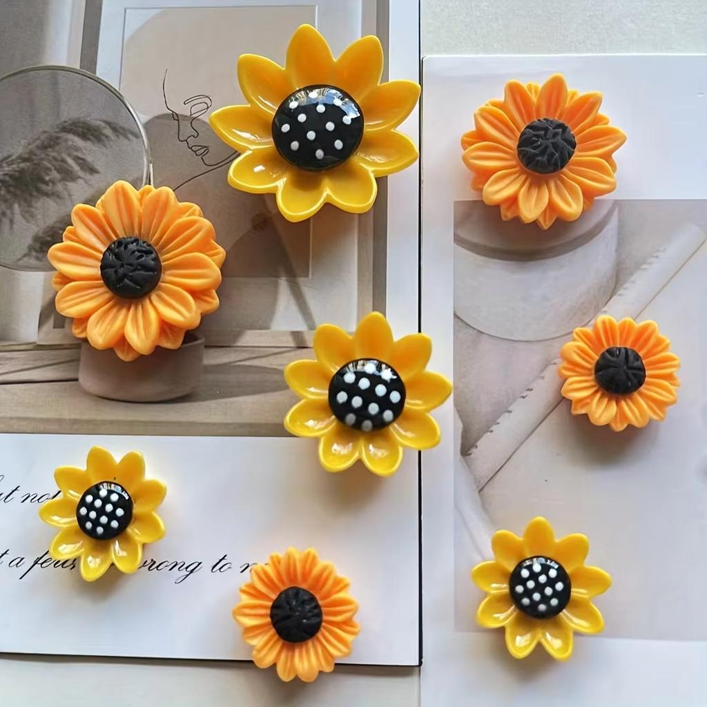 8-Piece Set Of Adorable Round Plastic Sunflower Magnets For Fridge Or Office Whiteboard Organization