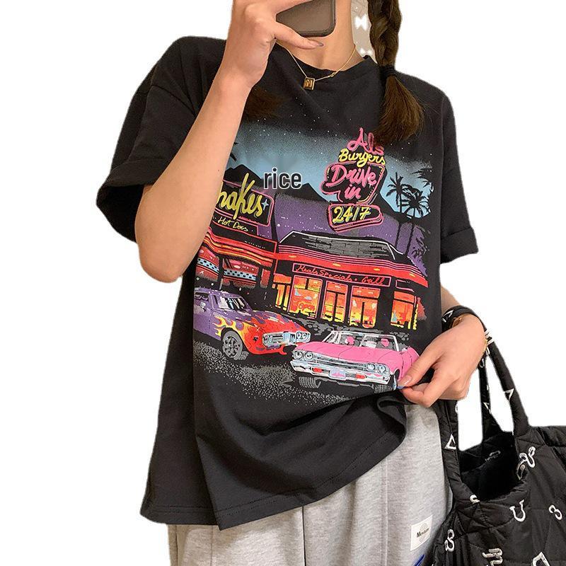 T-Shirt im koreanischen Stil mit Retro-Print, lockere Passform, kurze Ärmel für Damen - Übergröße, Frühjahr 2023