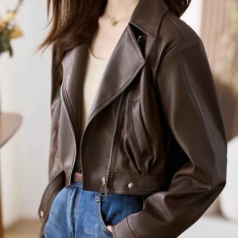 Spring and Autumn Short Leather Jacket Brown Lapel Motorcycle Jacket Design PU Leather Jacket for Women