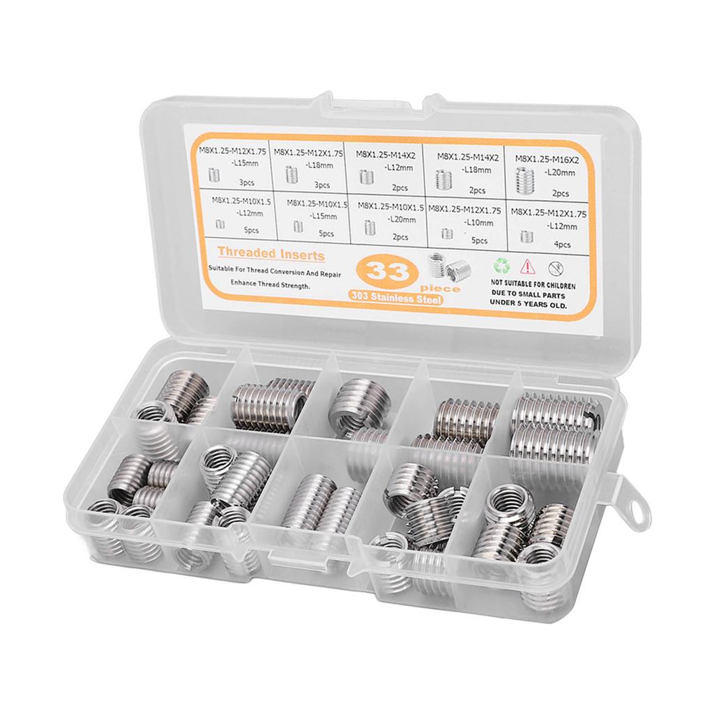 33 Stück M8x1.25 Gewindeeinsatz Sortimentskasten Edelstahl Gewindereduzierhülse Reparaturhülsen
