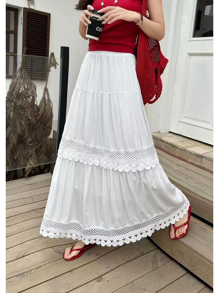 French Lace Patchwork A-line Elastic Waist Skirt