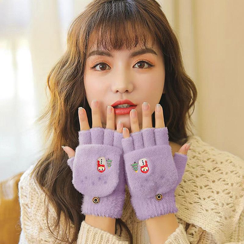 Women's Touch Screen Gloves Embroidered Snowman Cute Imitation Mink Warm Knitted Plush Autumn and Winter Cold-proof Finger Gloves