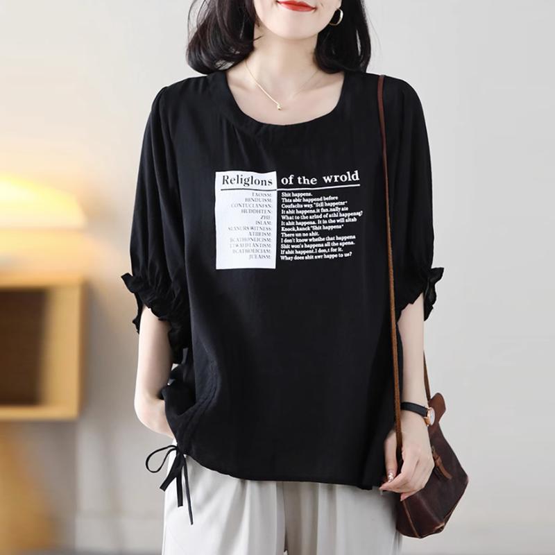 

Женская рубашка с коротким рукавом из хлопка с принтом, летняя модная свободная блузка в корейском стиле, закрывающая живот L чёрный