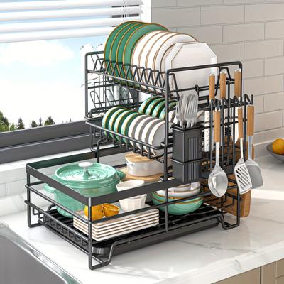 1pc 3-Tier Dish Drying Rack with Cutlery & Cup Holders - Extra Large and Multifunctional