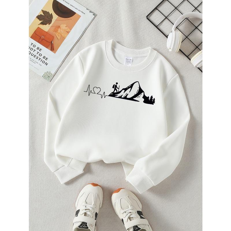 European Sizes Girls' Soft Crewneck Sweatshirt Mountain Hiker Heartbeat Adventure Print, Casual All-Match for Fall Winter, Ideal Present.