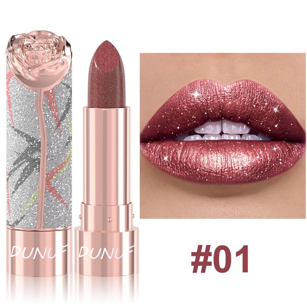 Rossetto Perlato Metallizzato ad Alta Lucentezza per Donna Lucidalabbra Solido Impermeabile Resistente alle Macchie Lunga Tenuta Glitterato Rossetto Diamante