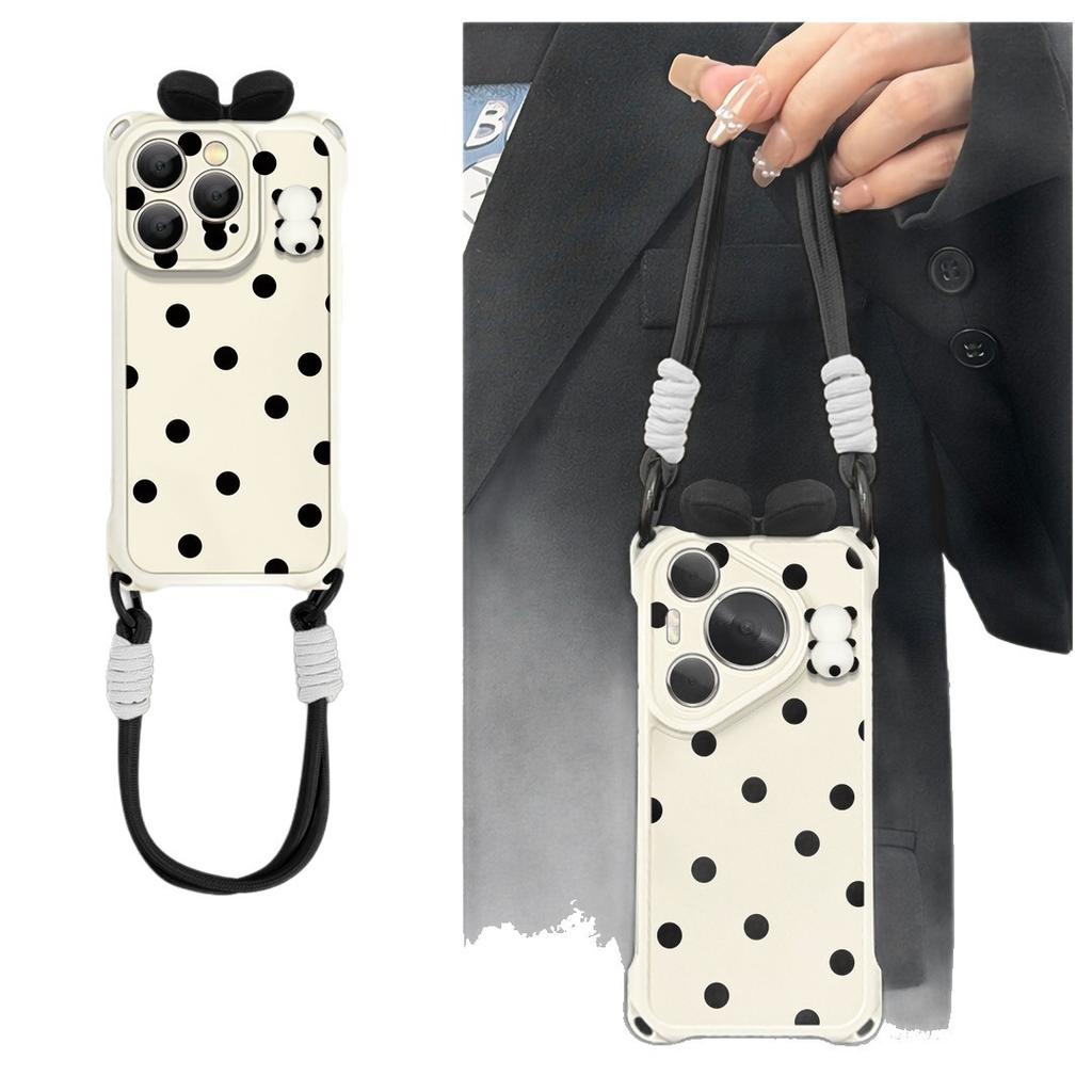 Polka Dot Panda for IPhone 16 Phone Case 15pro for Apple 16ProMax Couple Model 14 with Lanyard 13