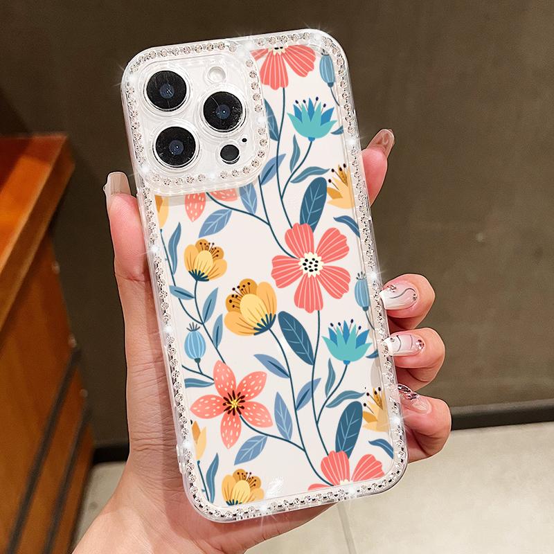 Crystal Diamond Clear Case For iPhone 16 14 15 Pro Plus 13 12 Pro Max 11 16e Flowers Floral Patterned Soft TPU Phone Cover Coque