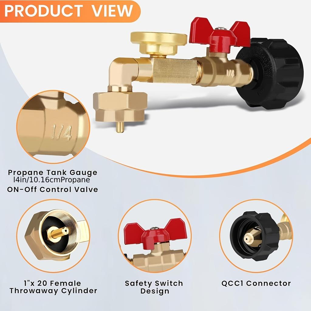 Easy-Fill Propane Refill Adapter with Valve & Gauge - Fits 20lb Tanks, Connects To 1lb Disposable Cylinders for BBQ & Outdoor Cooking
