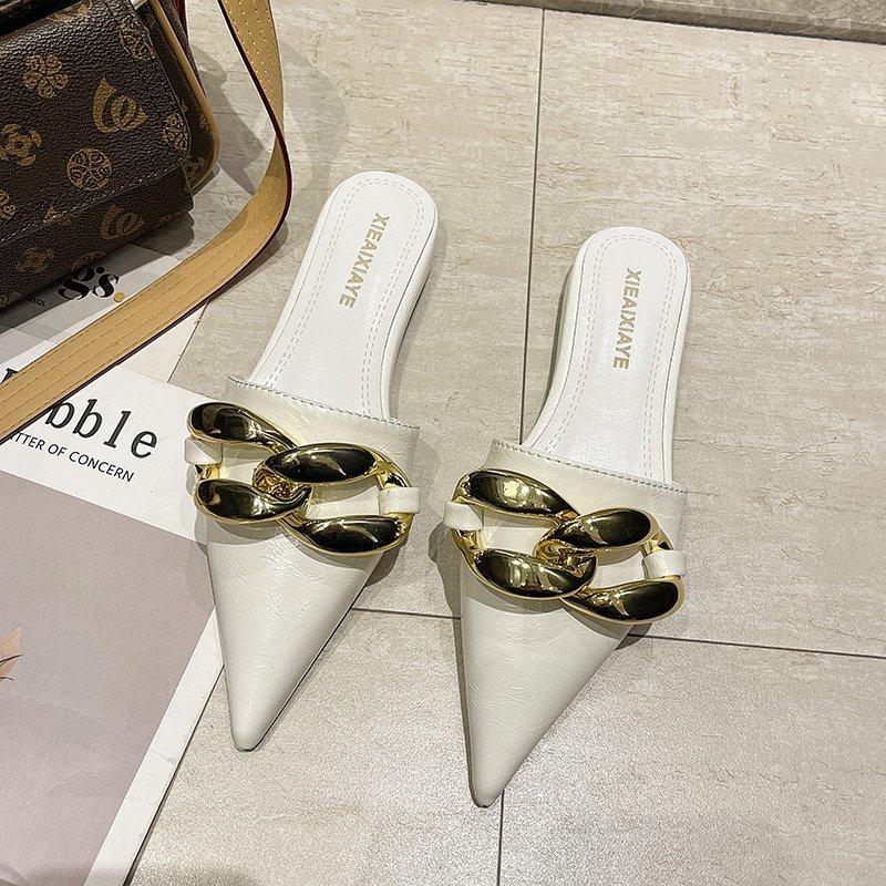 Fashion Aphixta 2025 Fashion New Big Chain Mules Women Slides Pointed Toe Ladies Shoes Summer Footwear Slippers