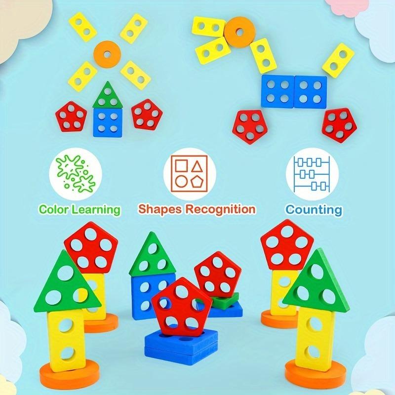 1SET Children's Recycled Wooden Stacked Toys - Educational Color and Shape Classification Puzzles To Develop Fine Motor Skills