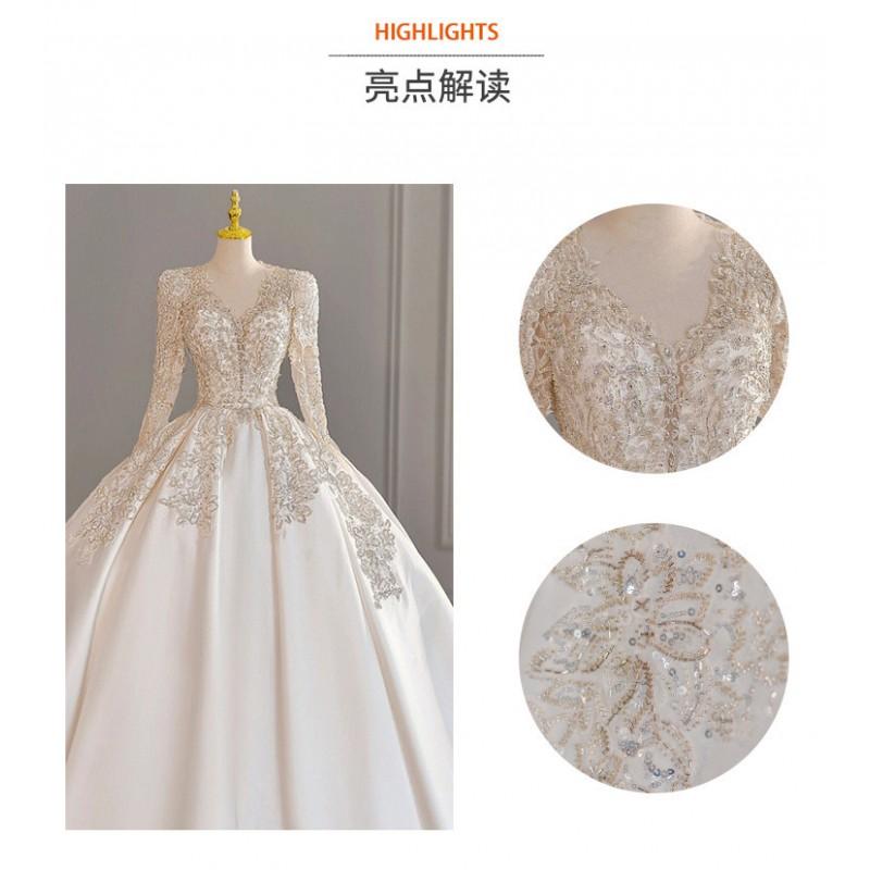 Elegant Long Sleeve French-Style Luxury Wedding Dress 2026 Deep V Neck Full Train Bridal Gown Plus Size Bride