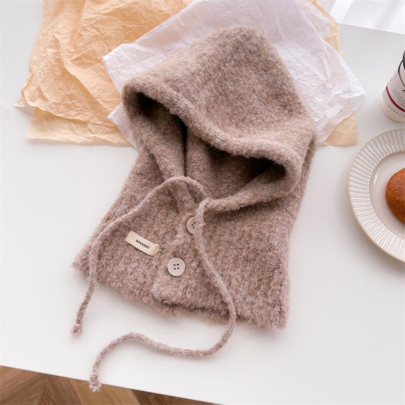 Drawstring button solid color versatile balaclava wool knitted hat winter warm and protective ear hat