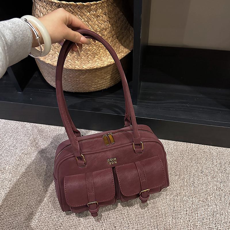 Womens Retro Solid Color Suede Leather Shoulder Bag with Multiple Pockets Large Capacity Comes with A Detachable Accessory Charm