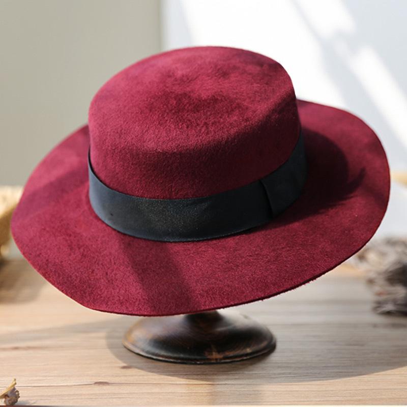 Rongmei New Hat Women's Autumn and Winter Wool Ni Top Hat Women's British Fashion Brushed Felt Hat Classic Flat Top Hat