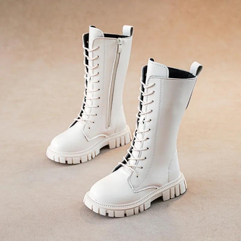 Autumn Winter Cool Baby Girls Warm Square Heel Round Toe Casual Lace-Up Comfortable Kids Black Mid Boots