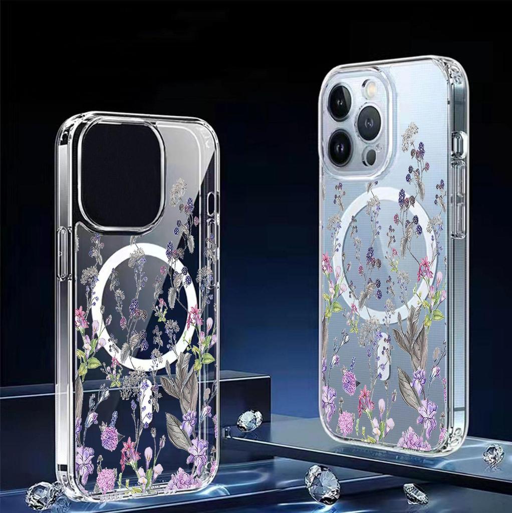 Purple Flower Magnetic Case for iPhone 15/16/17 Pro Max - Transparent Full Coverage Protection