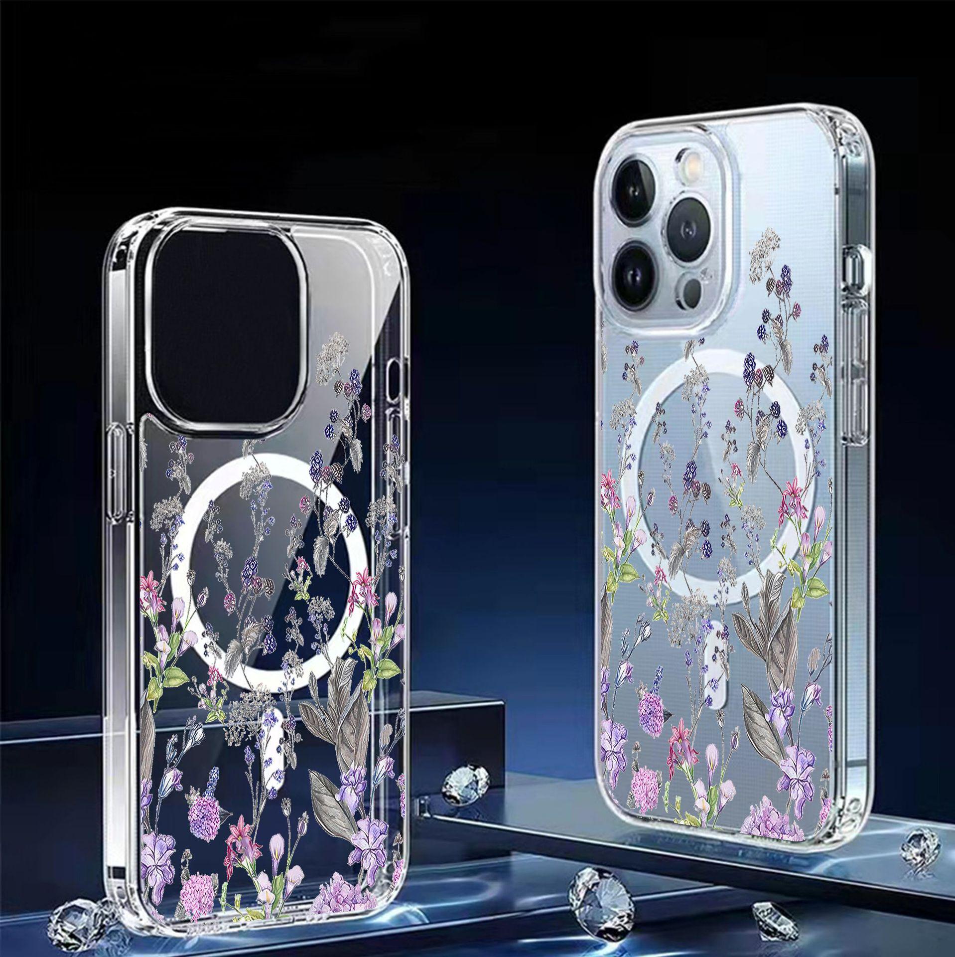 Purple Flower Magnetic Case for iPhone 15/16/17 Pro Max - Transparent Full Coverage Protection iPhone 15 Plus прозрачный