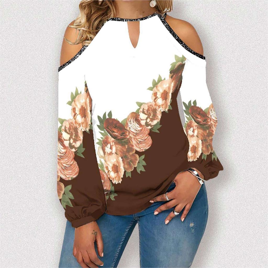 Women's Fashion Casual Temperament Flower Round Neck Off-shoulder Matching Color Long Sleeve T-shirt Top