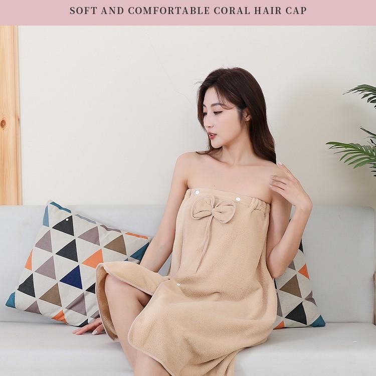 Coral Fleece Bath Skirt Strapless Bow Elastic and Wearable Towel Dry Hair Cap Absorbent