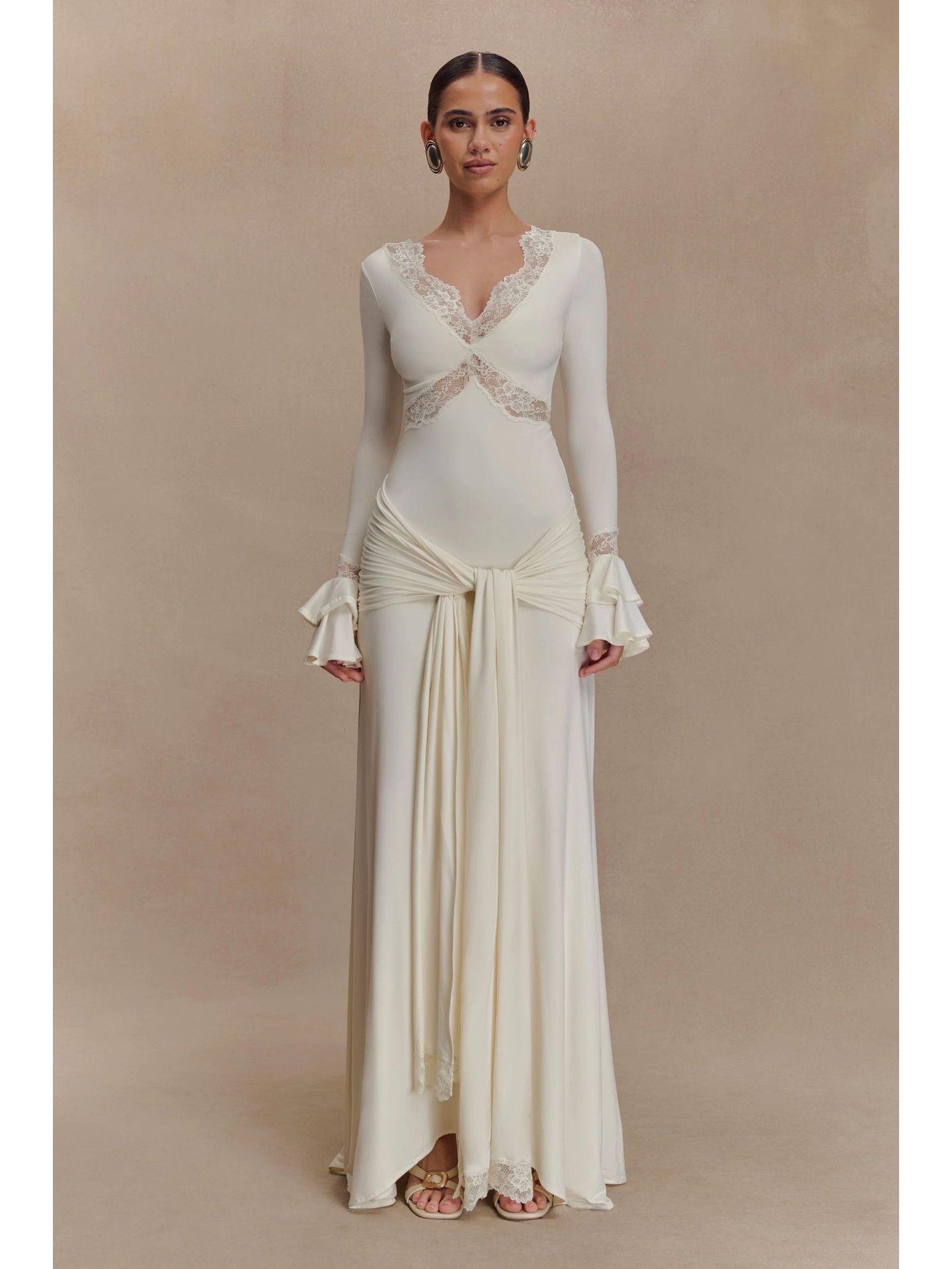 

2026 Кружевное Пэчворк Платье с V-образным Вырезом, Рукавами-колоколами, Стройнящее для Женщин Small белый