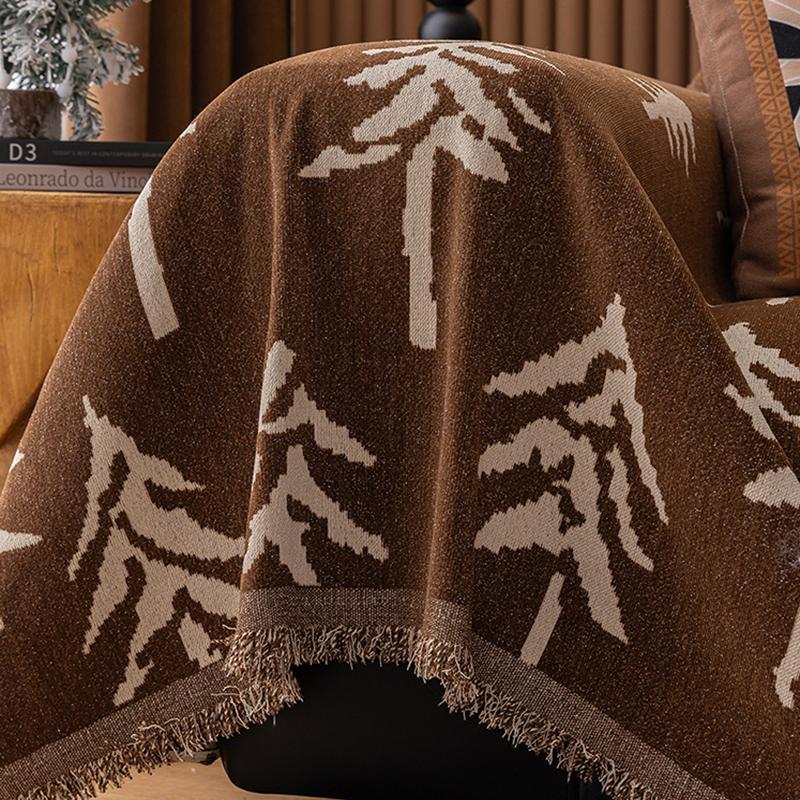 Luxury Pine Printed Chenille Sofa Towel All-Season Non-Slip Sofa Cover With Tassels Double Face Usable Wear-Resistant Home Decor