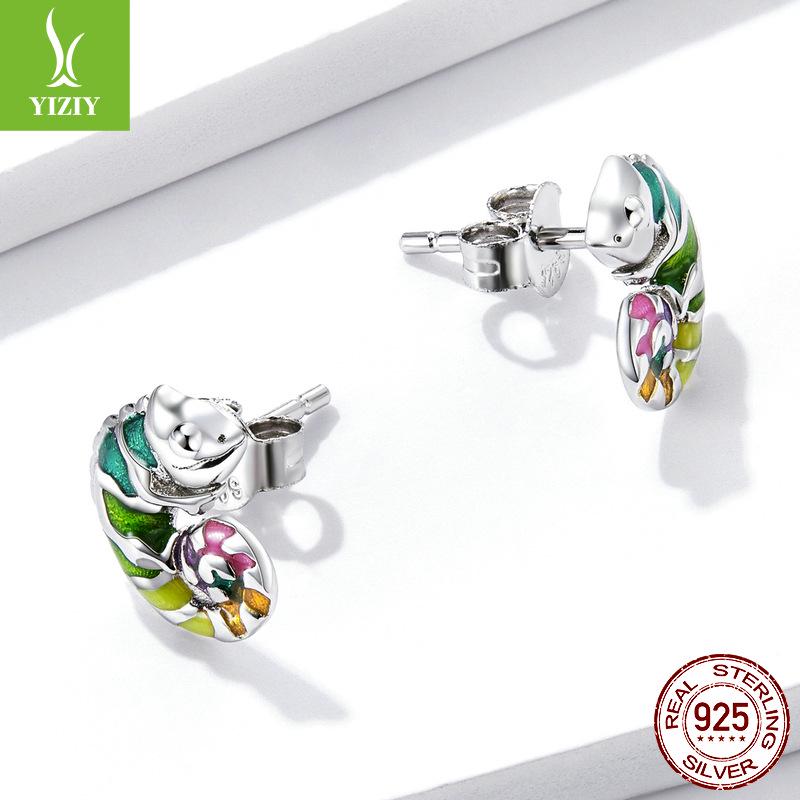 Yin Ziyun Platinum-Plated Chameleon Earrings: Cute Animal S925 Silver for Men & Women - Model BSE587