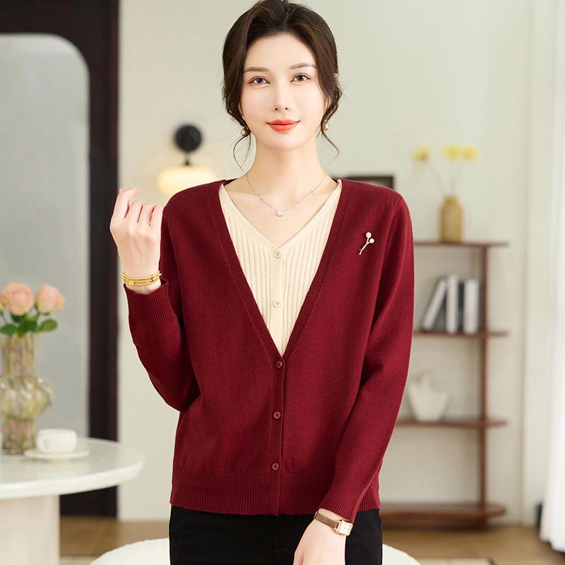 Spring 2026 V-neck Knit Cardigan: Elegant Faux Two-piece Sweater for Mature Women M (95-105 jin) вино красного
